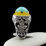 انگشتر نقره فیروزه نیشابوری دست ساز مردانه طرح دورطلایی فاخر بهنیا‌‌‌ - Image 4