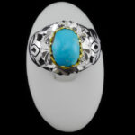 انگشتر نقره فیروزه نیشابوری دست ساز مردانه طرح دورطلایی تایماز با تزئین برلیان‌‌‌ - Image 4