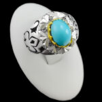 انگشتر نقره فیروزه نیشابوری دست ساز مردانه طرح دورطلایی دارا با تزئین برلیان‌‌‌