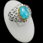 انگشتر نقره فیروزه نیشابوری دست ساز مردانه طرح دورطلایی ژیوار‌‌‌