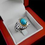 انگشتر نقره فیروزه نیشابوری دست ساز مردانه طرح دورطلایی وریا‌‌‌ - Image 5