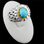 انگشتر نقره فیروزه نیشابوری دست ساز مردانه طرح دورطلایی فرهود