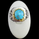 انگشتر فیروزه نیشابوری دست ساز فاخر نقره مردانه طرح دور طلایی هونام - Image 4