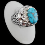 انگشتر فیروزه نیشابوری دست ساز فاخر نقره مردانه طرح یا امیرالمومنین (ع) با تزئین برلیان