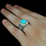 انگشتر فیروزه نیشابوری دست ساز فاخر نقره مردانه طرح دور طلایی برزو - Image 5