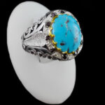 انگشتر فیروزه نیشابوری نقره دست ساز فاخر مردانه طرح دور طلایی طاها