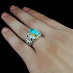 انگشتر فیروزه نیشابوری نقره دست ساز فاخر مردانه طرح دور طلایی سهراب - Image 5