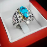 انگشتر فیروزه نیشابوری نقره دست ساز فاخر مردانه طرح دور طلایی سهراب - Image 4