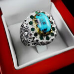 انگشتر فیروزه نیشابوری نقره دست ساز فاخر مردانه طرح دور طلایی هیراد - Image 2