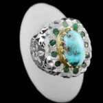 انگشتر فیروزه نیشابوری نقره دست ساز فاخر مردانه طرح دور طلایی هیراد