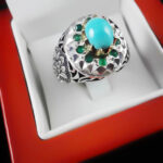 انگشتر فیروزه نیشابوری نقره دست ساز فاخر مردانه طرح دور طلایی راغب - Image 3