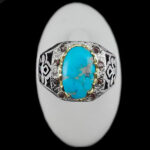 انگشتر فیروزه نیشابوری نقره دست ساز فاخر مردانه طرح دور طلایی هیمن - Image 2