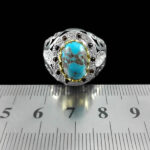 انگشتر فیروزه نیشابوری نقره دست ساز فاخر مردانه طرح دور طلایی هرمان - Image 3