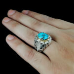 انگشتر فیروزه نیشابوری نقره دست ساز فاخر مردانه طرح دور طلایی هوراد - Image 4