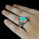 انگشتر فیروزه نیشابوری نقره دست ساز فاخر مردانه طرح دور طلایی هادی - Image 4