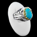 انگشتر فیروزه نیشابوری نقره دست ساز فاخر مردانه طرح دور طلایی هادی