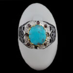 انگشتر فیروزه نیشابوری دست ساز فاخر نقره مردانه طرح دور طلایی برزو - Image 3