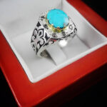 انگشتر فیروزه نیشابوری نقره دست ساز فاخر مردانه طرح دور طلایی بشیر - Image 2