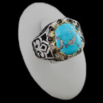 انگشتر فیروزه نیشابوری نقره دست ساز فاخر مردانه طرح دور طلایی بشیر