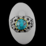 انگشتر فیروزه نیشابوری نقره دست ساز فاخر مردانه طرح دور طلایی سپهر - Image 4