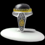 انگشتر عقیق مشکی نقره مردانه طرح دورطلایی بهتاش - Image 4