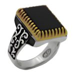 انگشتر عقیق مشکی نقره مردانه طرح دورطلایی ثاقب