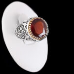 انگشتر گارنت نقره مردانه طرح دور طلایی صلوات