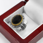 انگشتر عقیق مشکی نقره مردانه طرح دورطلایی ارسلان - Image 2