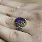 انگشتر آمیتیست الماس تراش نقره مردانه طرح دورطلایی بهادر - Image 3