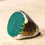 انگشتر عقیق سبز نقره مردانه طرح فاخر پنجتن (ع) - Image 2