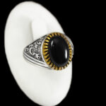 انگشتر عقیق مشکی نقره مردانه طرح دورطلایی یا علی مدد (ع)