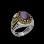 انگشتر آمیتیست الماس تراش نقره مردانه طرح دورطلایی راد