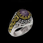 انگشتر نقره مردانه فاخر با سنگ آمیتیست الماس تراش طرح دورطلایی زمان