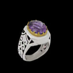 انگشتر آمیتیست الماس تراش نقره مردانه دست ساز طرح دورطلایی فاخر دیاکو