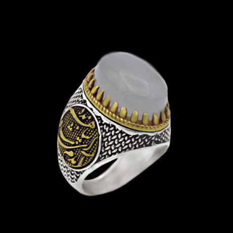 انگشتر عقیق کبود یمنی نقره مردانه طرح دورطلایی آمدم ای شاه