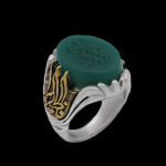 انگشتر عقیق سبز نقره مردانه طرح دور طلایی یا فاطمه الزهرا (س)