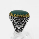 انگشتر عقیق سبز نقره مردانه طرح دور طلایی فاخر کمیل - Image 2