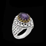 انگشتر نقره مردانه فاخر با سنگ آمیتیست الماس تراش طرح دورطلایی دوستار