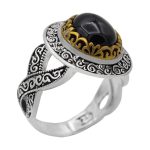 انگشتر عقیق مشکی نقره مردانه طرح دورطلایی رادبد