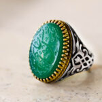 انگشتر عقیق سبز نقره مردانه طرح دور طلایی یا حسن جانم (ع) - Image 5