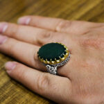 انگشتر عقیق سبز نقره مردانه طرح دور طلایی یا شافع - Image 3