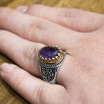 انگشتر نقره مردانه با سنگ آمیتیست الماس تراش طرح دورطلایی راستین - Image 4