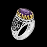 انگشتر نقره مردانه با سنگ آمیتیست الماس تراش طرح دورطلایی راستین