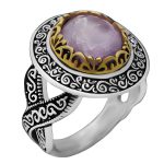 انگشتر نقره مردانه با سنگ آمیتیست الماس تراش طرح دورطلایی راسم