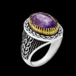 انگشتر نقره مردانه با سنگ آمیتیست الماس تراش طرح دورطلایی راشم