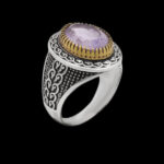 انگشتر نقره مردانه با سنگ آمیتیست الماس تراش طرح دورطلایی بهروز