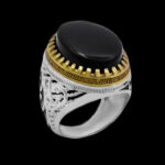 انگشتر عقیق مشکی نقره مردانه طرح دورطلایی فاخر اسحاق