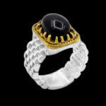 انگشتر عقیق مشکی نقره مردانه طرح ساعت رولکسی دورطلایی رودک