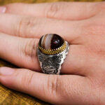 انگشتر عقیق سلیمانی فانتزی دور طلایی نقره مردانه طرح فانتزی یا علی (ع) - Image 2