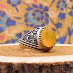 انگشتر شرف الشمس نقره مردانه طرح دورطلایی فاخر یا علی مدد + حکاکی - Image 5